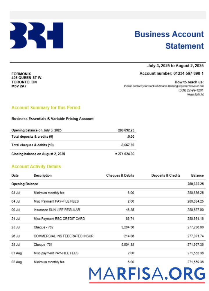 Blank Haiti BRH firm account statement Word and PDF template